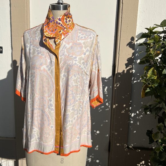 RACHEL ZOE Orange Gold Button-Up Short Sleeve Loose Fitting Blouse - Size Large - Picture 5 of 9